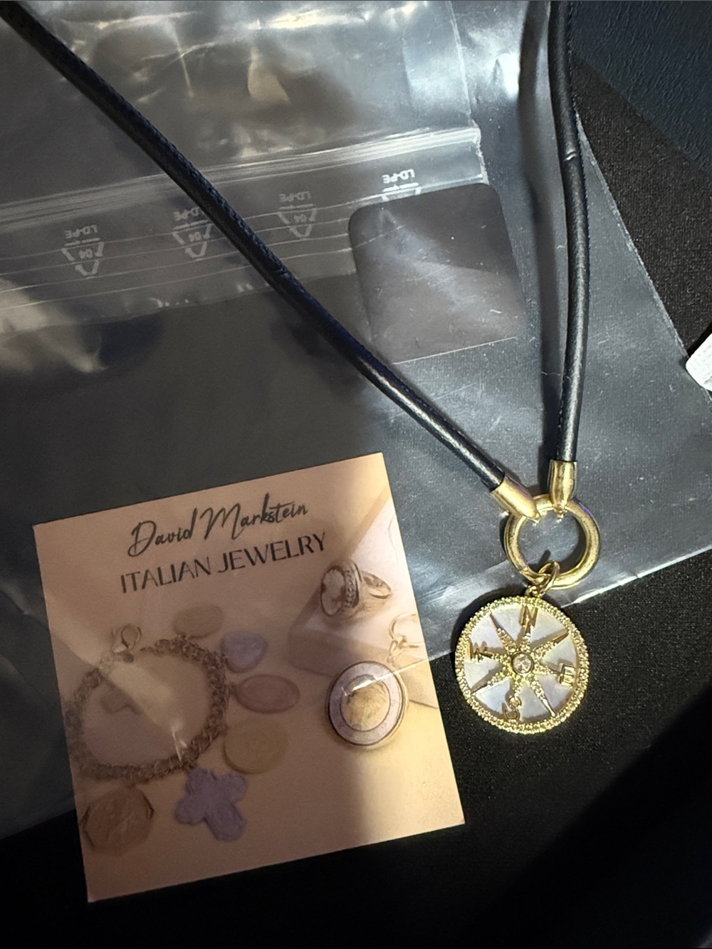 David Markstein Gold Compass Pendant Necklace in with Black Leather cord